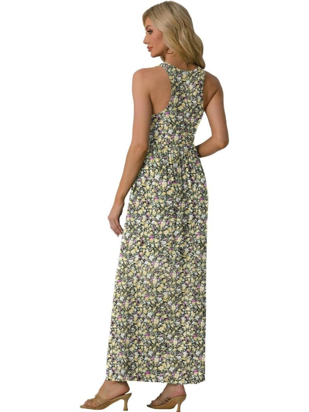 Women's Floral Black Yellow Sleeveles Casual Long Tank  with Pockets Maxi Dress - Picture 6 of 6